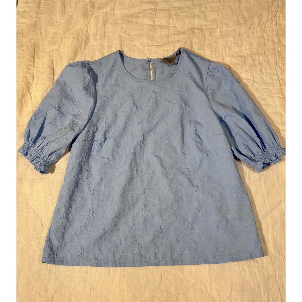 Ted Baker Light Blue Floral Jacquard Puff Sleeve Blouse Top Size L 1037380